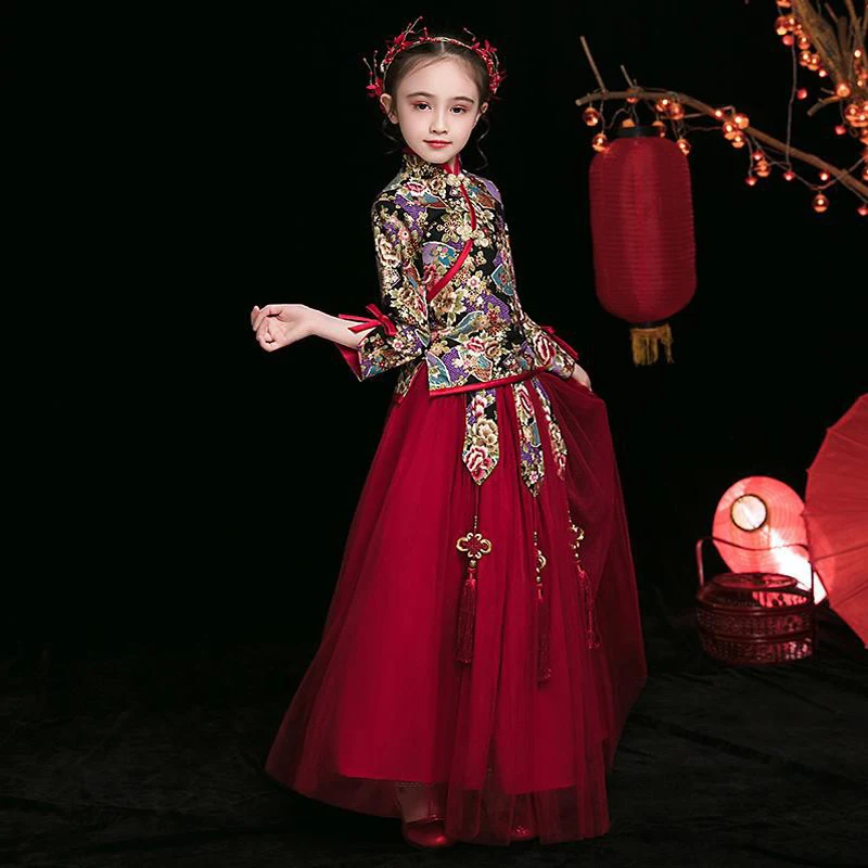 Китайское платье с цветочной вышивкой платья HanFu для девочек свадебное подружки