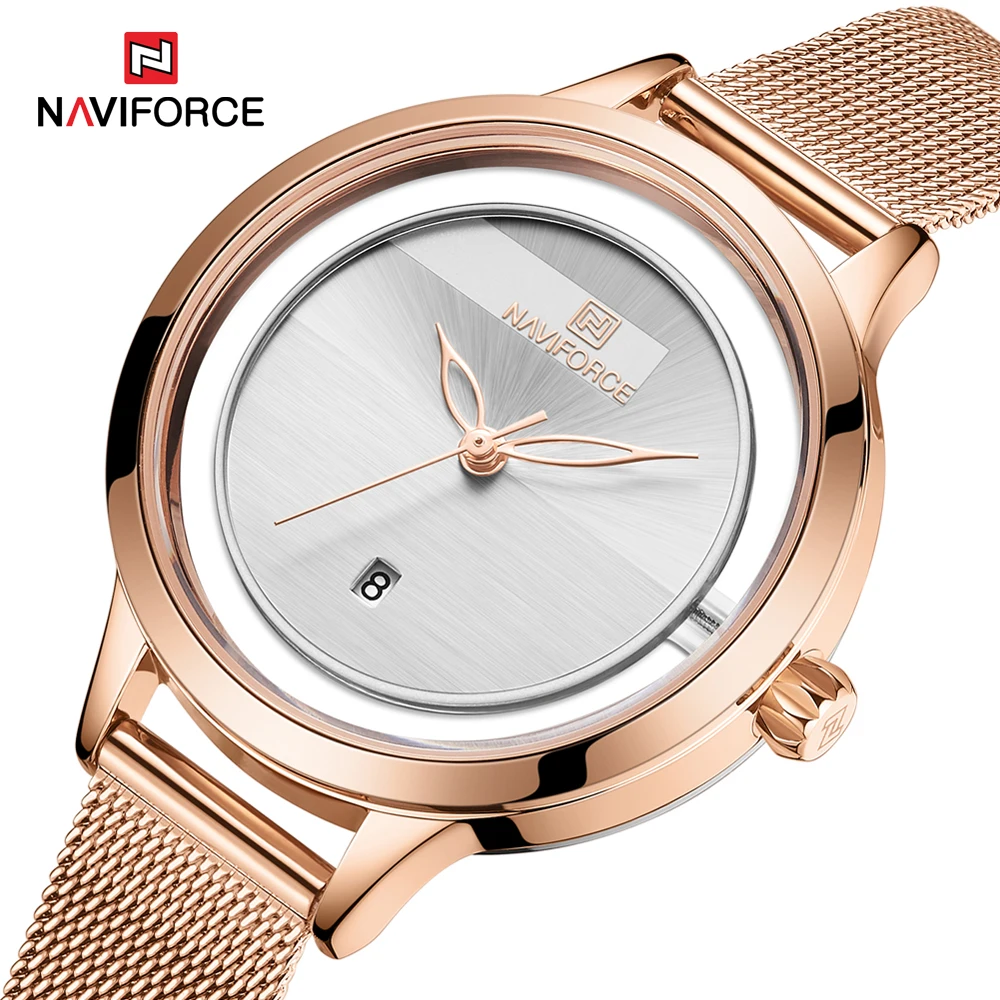 Часы NAVIFORCE женские кварцевые модные роскошные наручные с сетчатым браслетом цвет