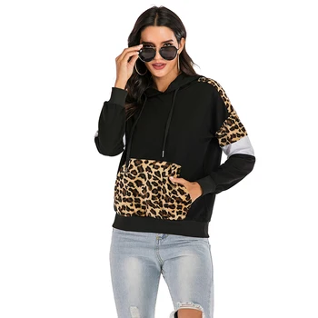

New Drawstring Mixed Colors Leopord Pattern Kangaroo Pockets Bat Sleeve Fresh Simple Hoodie WOMEN'S Dress 2020 New