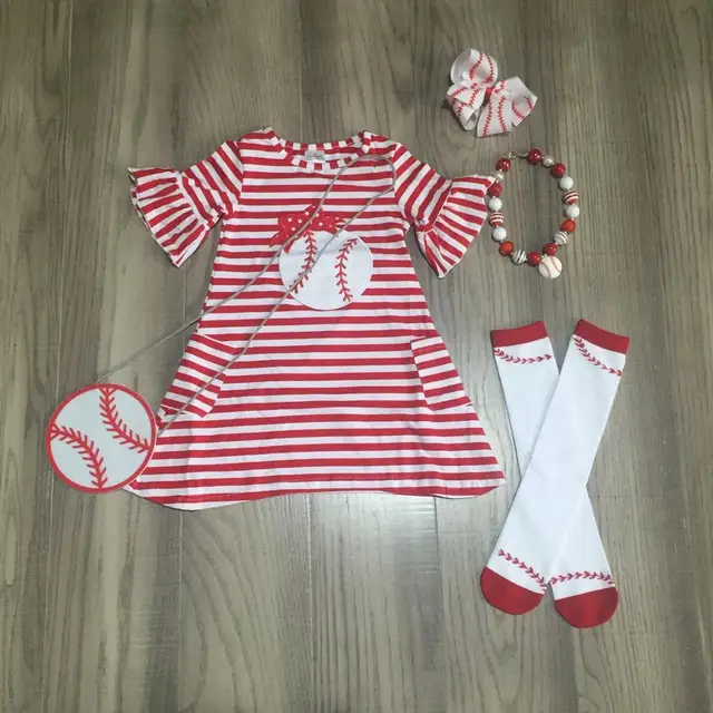 baby girl kids children clothes baseball dress knee length red stripes cotton boutique clothes match bow necklace purse  & socks