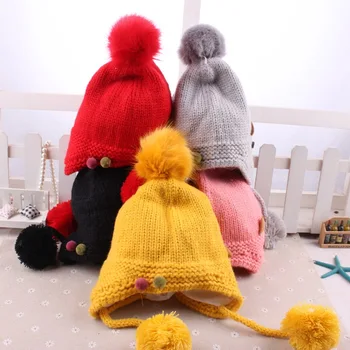 

Autumn and Winter New Style Babies' Children Wool Hat Double Furry Ball Leather Standard Earmuffs Hat plus Velvet Baby Cap