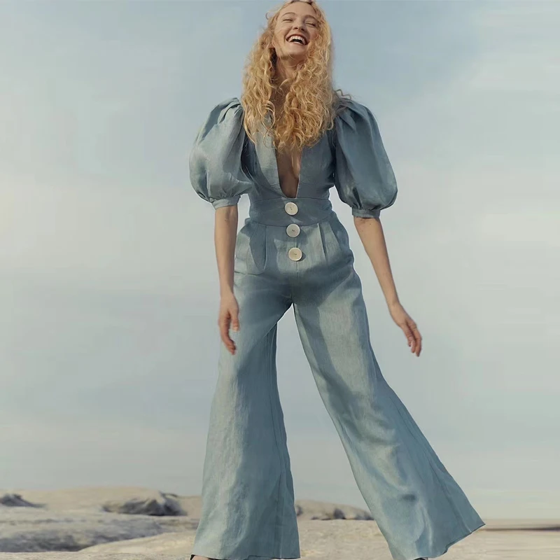 

Gedivoen Summer Fashion Designer Deep V Neck Jumpsuit Women Solid Casual Backless Bow Jumpsuits Cotton Linen Women's Rompers