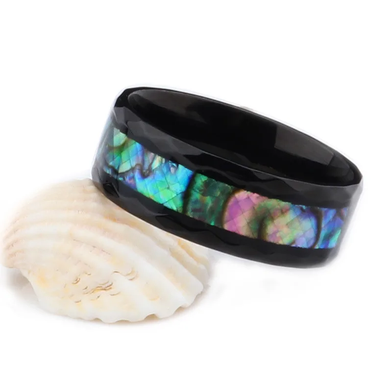 

Hot Selling Inlaid Shell Men's Ring 8mm Black Inlaid Color Shell Stainless Steel Ring Titanium Steel Jewelry