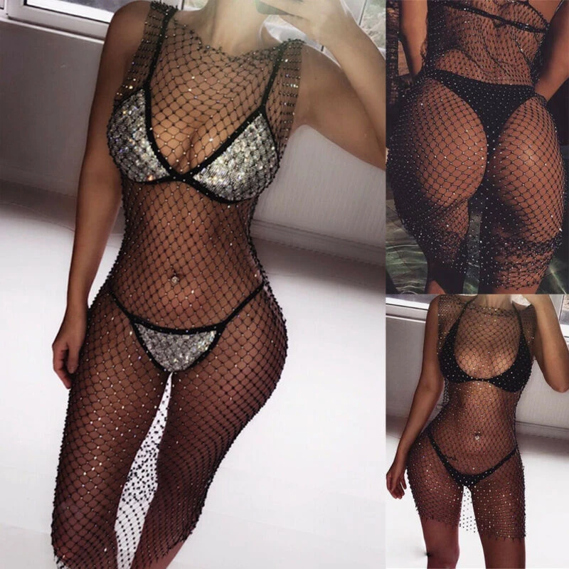 Women Bikini Bling Crystal Cover Up Tops Sexy Fishnet Hollow Out See Through Swimsuit Swimwear Tops Black White swim suit coverups