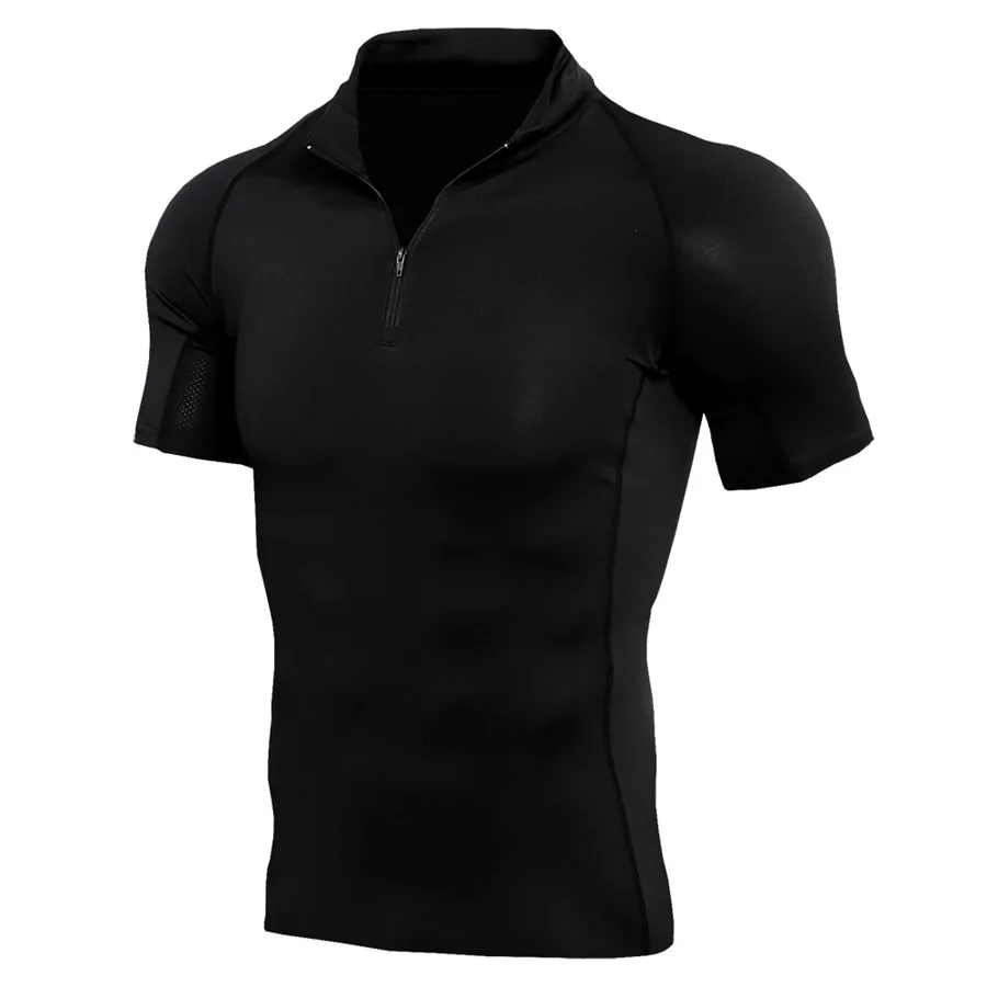 Zipper Neck Gym Sport Shirt Men Quick Dry Fitness Compression T-Shirts Slim Jogging Tees Tops Running Shirt Muscle Tee Rashgard