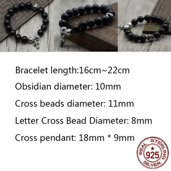 

C66 S925 Sterling Silver Bracelet Retro Personality Punk Hip-Hop Style Obsidian Cross Alphabet Couple Beads 2020 new hot