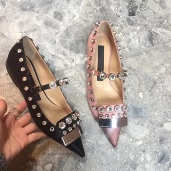 

Womens Pointy Toe Rhinestones Crystal Belt Low Heel Pumps Silk Satin Sandals Party Wedding Shoes 3Colors Zapatos De Mujer 2020