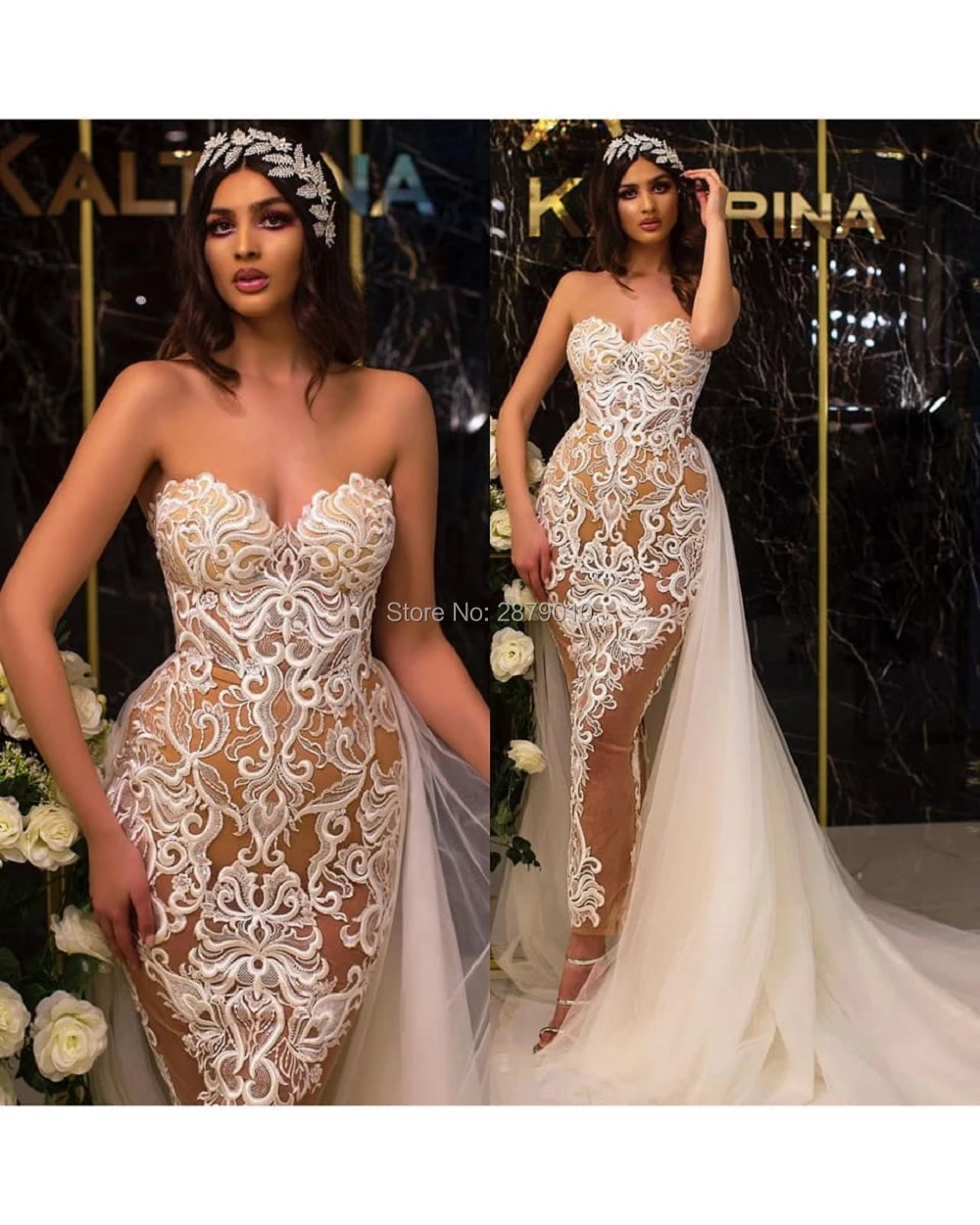 

Elegant Sweetheart Mermaid Evening Dress Removable Skirt Floor-Length Lace Tulle Middle East Prom Dress Robe De Soiree Aibye