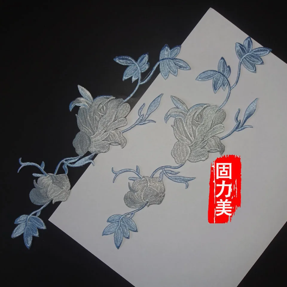 2 шт. вышитые небесно-голубые серые цветочные мотивы горячей фиксации