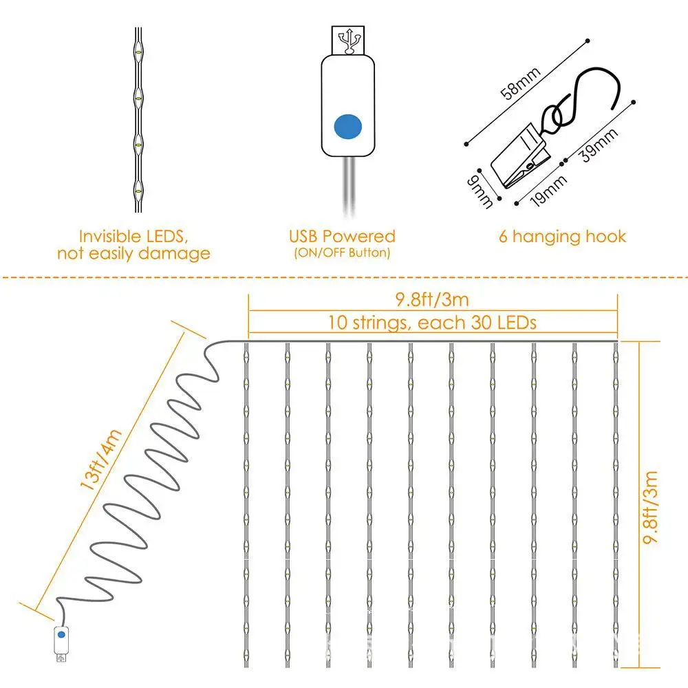 USB3 X 3 M Шторы дистанционное управление освещением светодиодный Шторы свет Медь лампы Праздничные огни декоративные огни онлайн в стиле знаменитостей на Рождество, из плотной материи