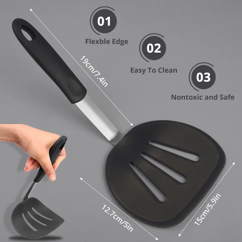 Flexible Silicone Spatula Turner Wide Non Stick Pancake Turner With Stainless Steel Handle Kitchen Cooking Turner Bpa Free