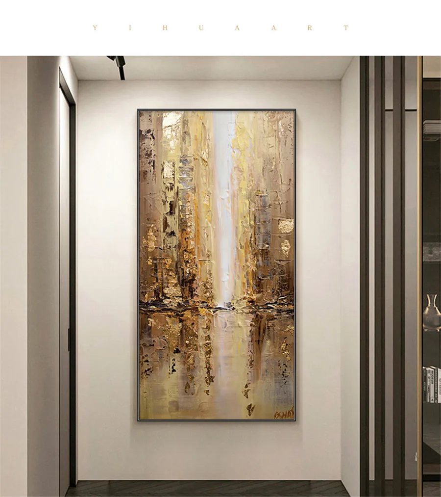 Handmade Gold Silver Fantasy City Oil Painting On Canvas Large Size Modern Abstract Vertical Art Picture For Home Wall Decor painting with calligraphy