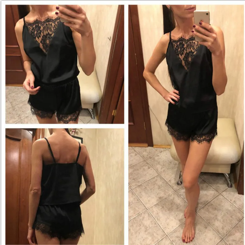 Пижама женская шелковая кружевная черная без рукавов | Женская одежда