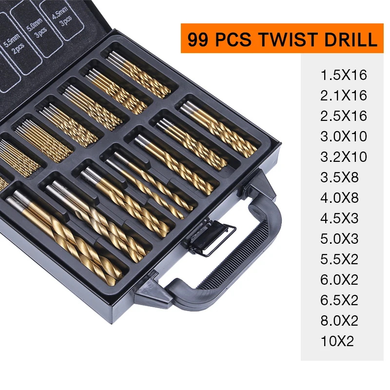 99PC with box 99 шт HSS титана с покрытием сверло набор 1,5-10 мм Спиральные сверла для бурения деревообрабатывающий инструмент - Цвет: 99PC with box