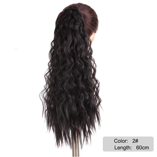 DIANQI Synthetic Corn Wavy Long Curly Ponytail Hairpiece Wrap on Clip Hair Extensions Black Pony Hair 2