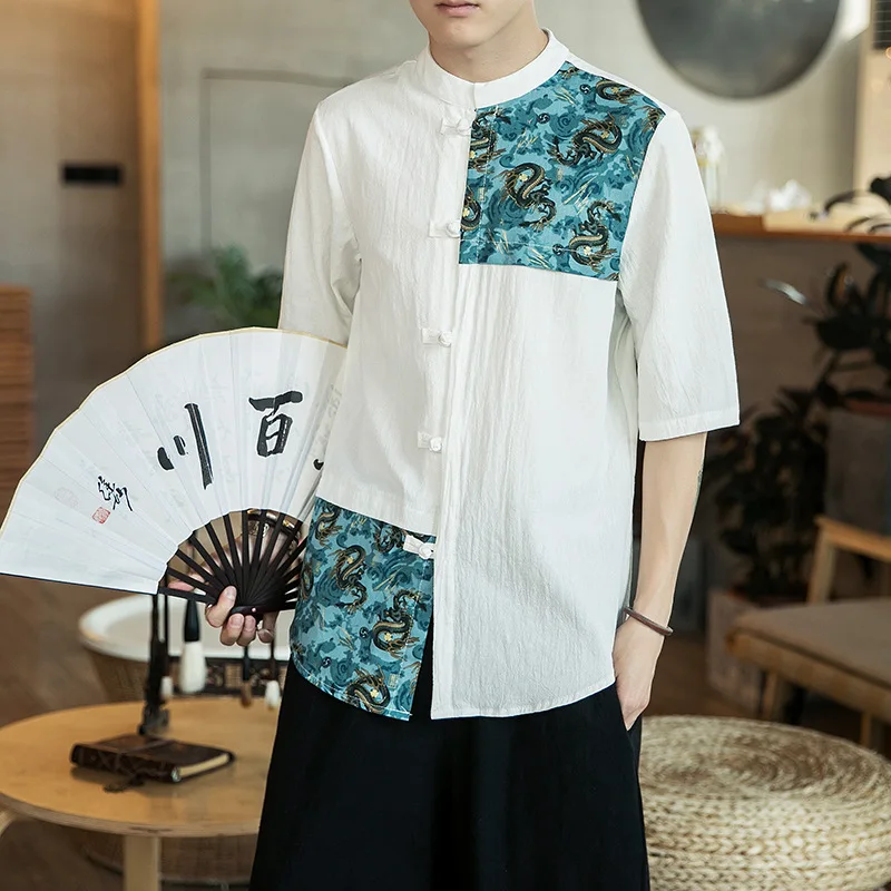 Chinese-style Cotton Linen Frog Half Sleeved Shirt Men's Slim Fit Panel Stand-Collar Plus-sized |