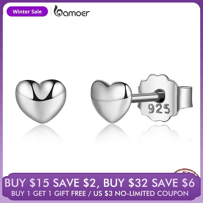 

BAMOER 100% 925 Sterling Silver Petite Hearts Stud Earrings for Women Gold & Silver Small Earrings Fine Jewelry brincos PAS441