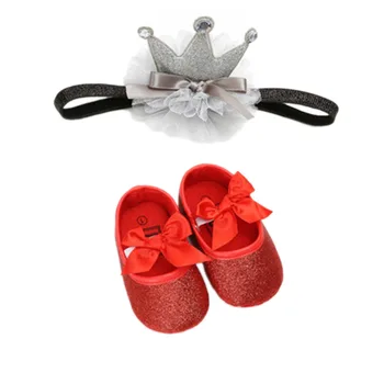 

Baby Girls Summer PU Walking Shoes Soft Sole Non-Slip Shoes Sequin Cute Elastic Band Shoes with Crown Hair Band Set 0-12 Months