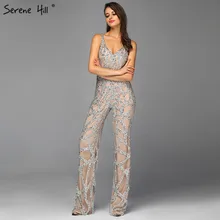 Серебристо-телесный комбинезон с v-образным вырезом, Роскошные платья для выпускного вечера, без рукавов, расшитые блестками, сексуальные платья для выпускного вечера Serene hilm BLA60985