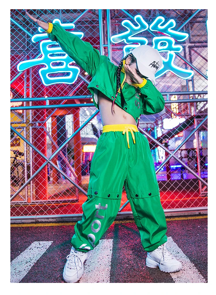 Новые костюмы в стиле хип-хоп для девочек, зеленый костюм для джазовых танцев, одежда для уличных танцев, детская современная одежда для сценического шоу, детская одежда, DN4373