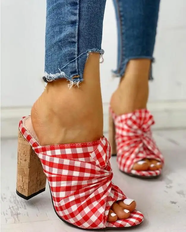 

Summer Shoes Fish Mouth Gingham Square Heel Sandals Soft Bottom Non-Slip Seaside Lazy Half Slippers Pointed Toe Sandals Women