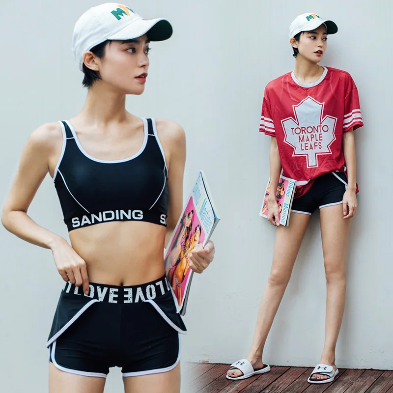 

Sports Bathing Suit Women's Split Type Bikini Three-piece Set Conservative Boxer Small Bust Gathering Belly Covering Slimming Bu