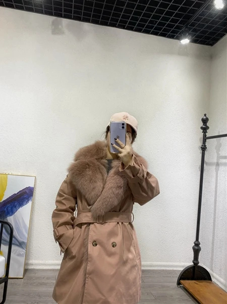 Pink Женские пальто из натурального Лисьего меха зимняя Модная парка из натурального Лисьего меха женская ветровка с длинным рукавом - Color: Pink