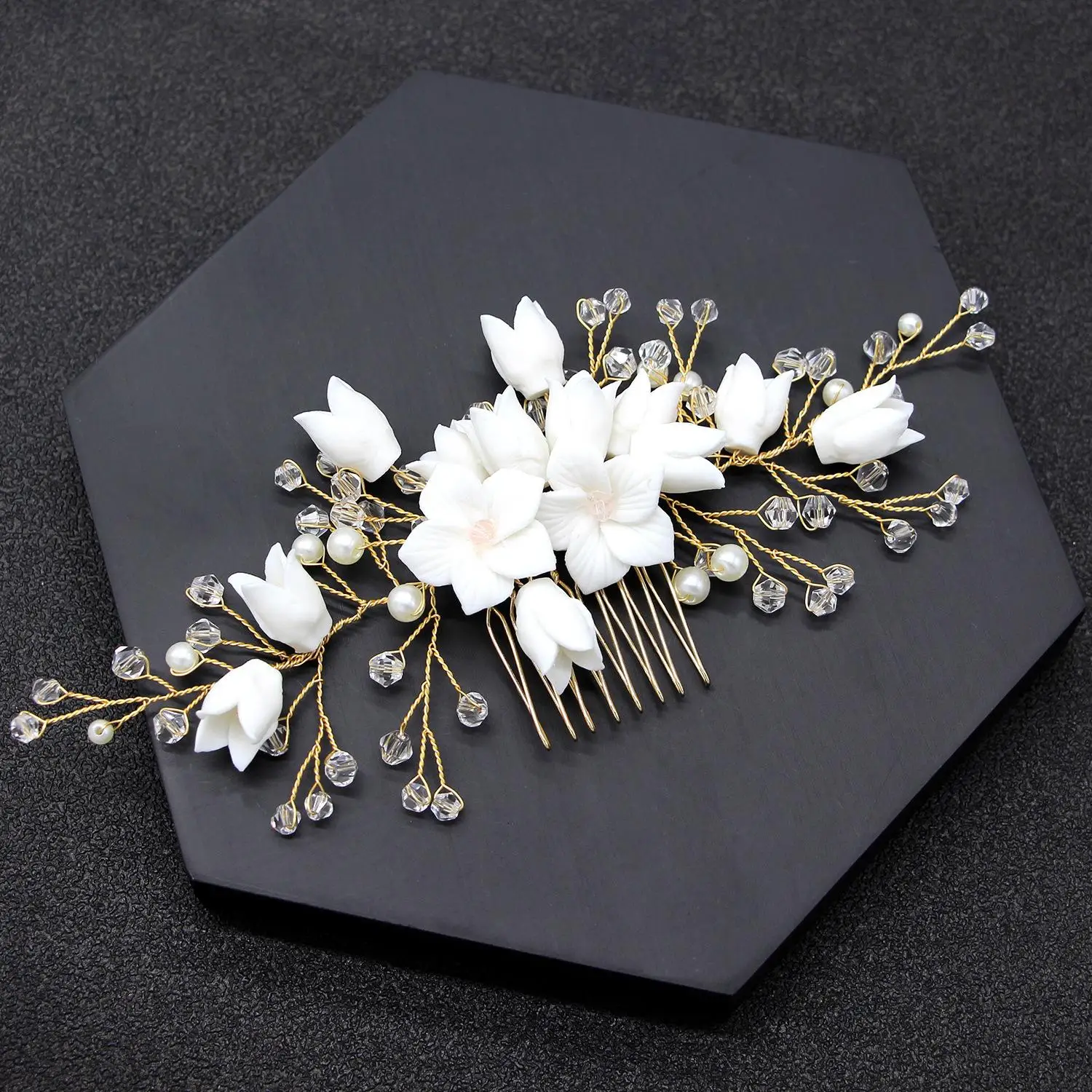 White Porcelain Flower Hair Combs Pins Party Dress Headdress Hairpins Women Headpieces Bride Bridal Jewelry Wedding Accessories