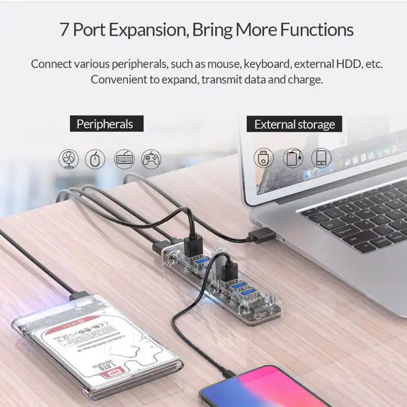 ORICO 7 портов USB3.0 прозрачный концентратор сплиттер с двойным Micro-USB порт питания 5 Гбит/с 3,0 usb-хаб поддержка Otg для Mac/Windows/L