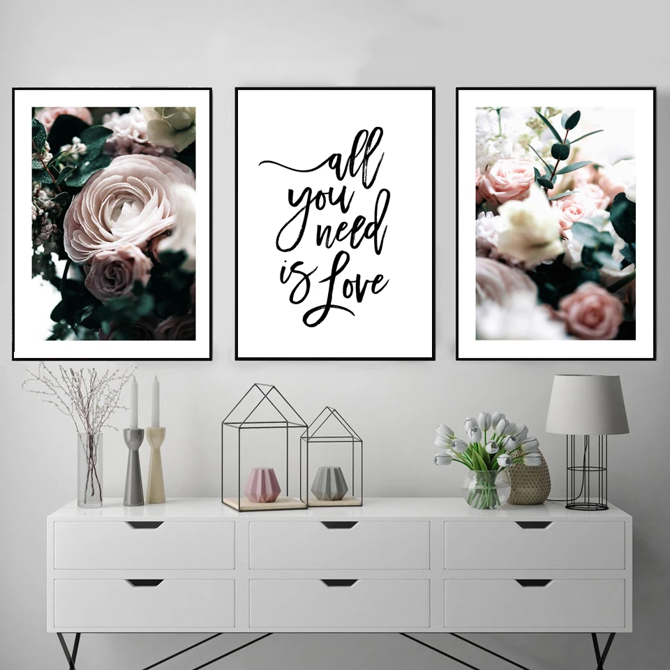 Scandinavian-Peony-Flower-Canvas-Wall-Art-Posters-and-Prints-Quote-Poster-All-you-need-is-Love (1)
