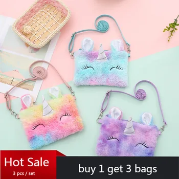 

Student Belt Zipper Cartoon Unicorn Square Rainbow Fur Flap Purse Bag Girl Preppy Style Plush Crossbody Bag For Phone