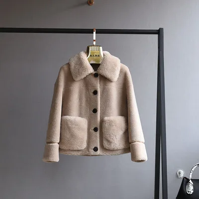 beige OFTBUY, зимняя женская куртка, пальто из натурального меха, Натуральная шерсть, меховая верхняя одежда, уличная одежда с карманом, повседневная, новая мода, толстая, теплая, на пуговицах - Цвет: beige