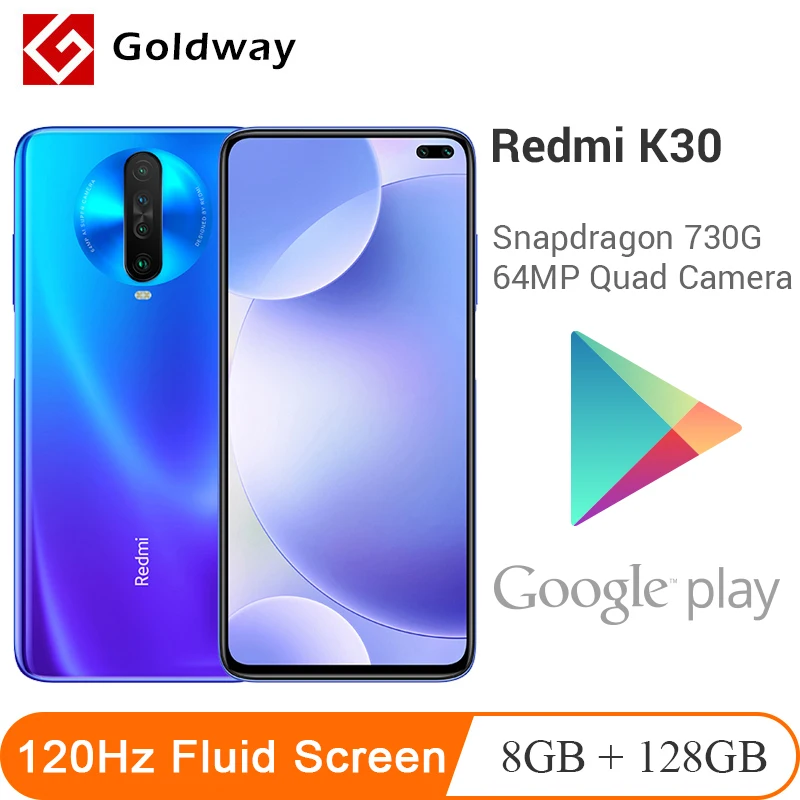 Google Play Xiaomi Redmi K30, 8 ГБ, 128 ГБ, Смартфон Snapdragon 730G, четыре ядра, 64 мп, камера 120 Гц, жидкий дисплей, 4500 мАч, NFC