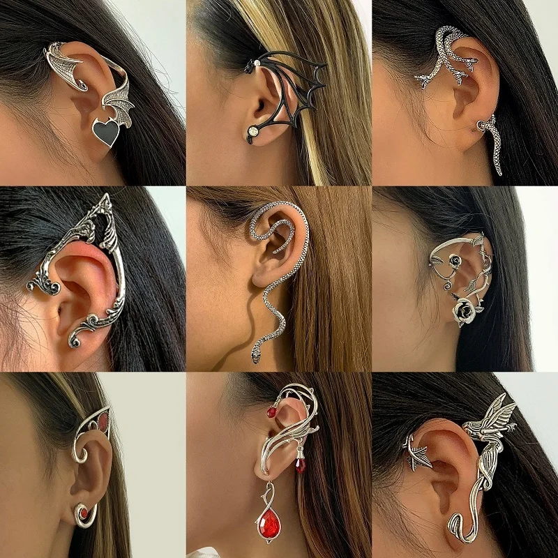 Vintage Rose Flower Snake Elf Ear Cuff Earrings For Women Retro Gothic Punk Clip On Without Hole Hot Sale | Серьги
