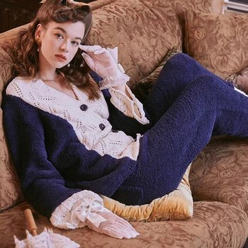 

Lace Patchwork Pajamas Set Women Winter Thick Warm Long Sleeve Round Neck Soft Pajamas 2 Pcs Mujer Home Wear Chic Sleepwear Set