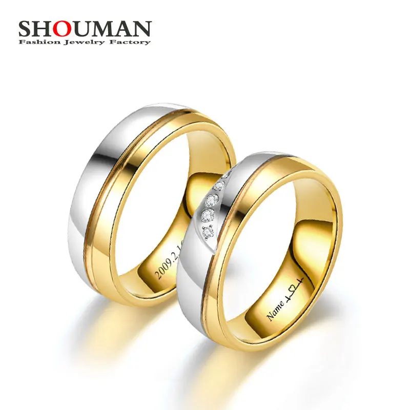 

SHOUMAN Stainless Steel Personalized Custom Name Date Inlaid Diamond Gold Couple Wedding Ring Gift For Men And Women Never Fade