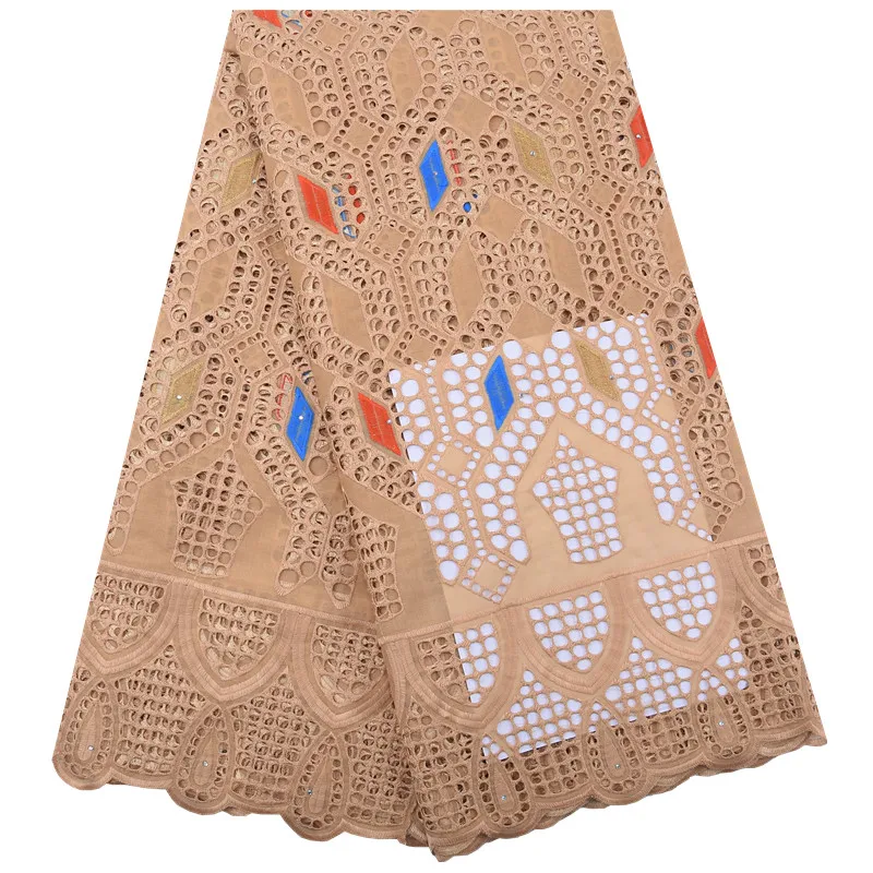 

African Cotton Lace Fabric Brown Swiss Voile Lace Switzerland Embroidery Nigerian Tulle Lace Fabric With Stones For Wedding 1834