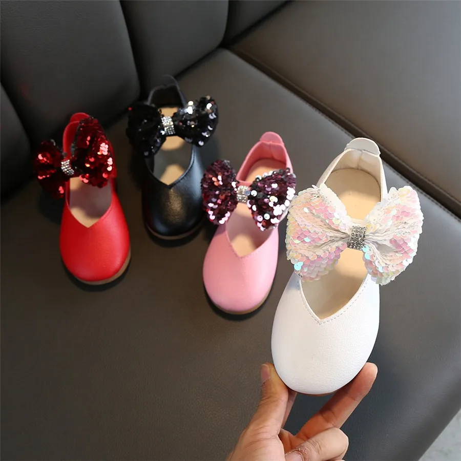 Girls solid color sequins rhinestones bow princess shoes baby girl cute dance shoes casual shoes single non-slip bow shoes 35A14 (30)