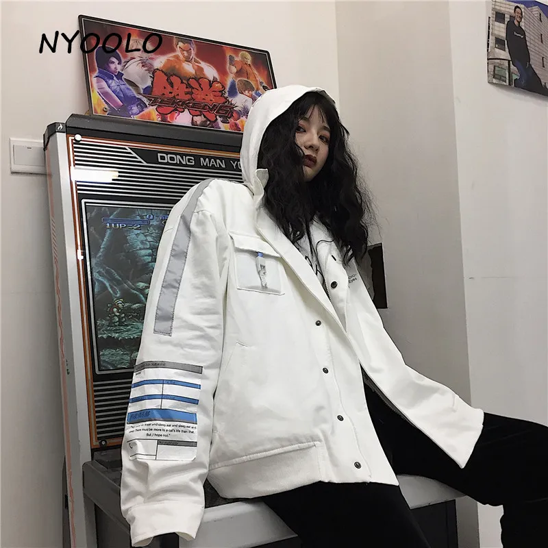 NYOOLO Harajuku дизайн уличная одежда без рукавов с принтом этикеток лоскутное хлопковое пальто с подкладкой осень зима длинный рукав куртка с капюшоном Женская Мужская Рабочая одежда - Цвет: Белый