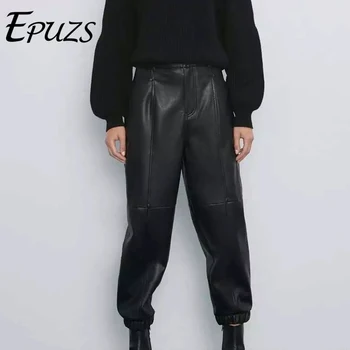 

Winter faux leather pants Women Loose harem pants Women joggers vintage office Pockets PU Leather Trousers streetwear