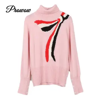 

Brand Design Winter Fashion Sweet Women Pullover Long-sleeved Turtleneck Bow Embroidered Slim Pink Knitted Top Sweater Clothes