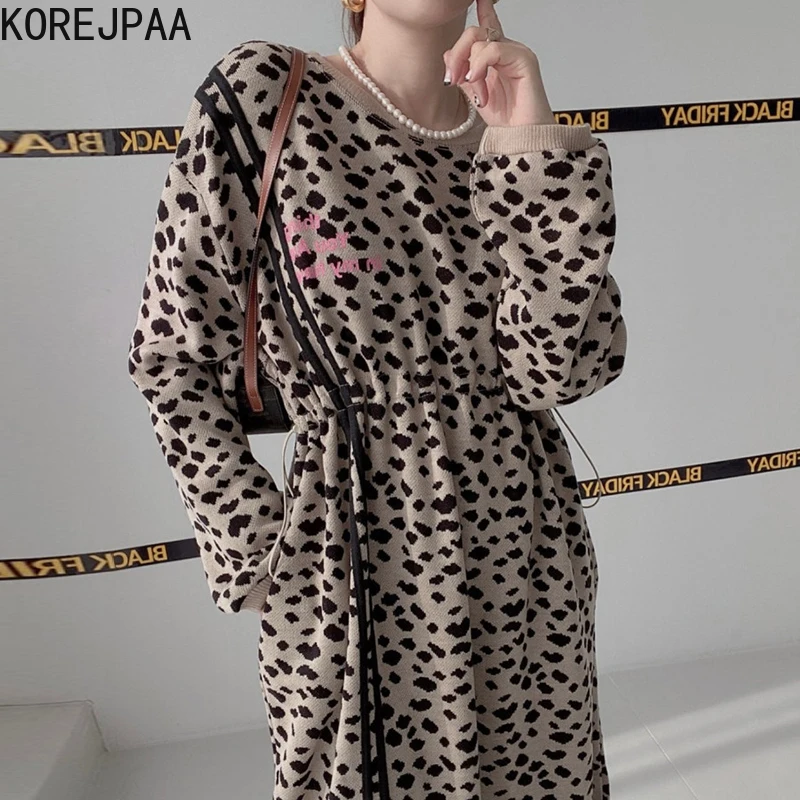 Korejpaa Simple Letter Leopard Print Dress Women Round Neck Drawstring High Waist Long Sleeve Dresses Outwear Spring Autumn 2022 | Женская