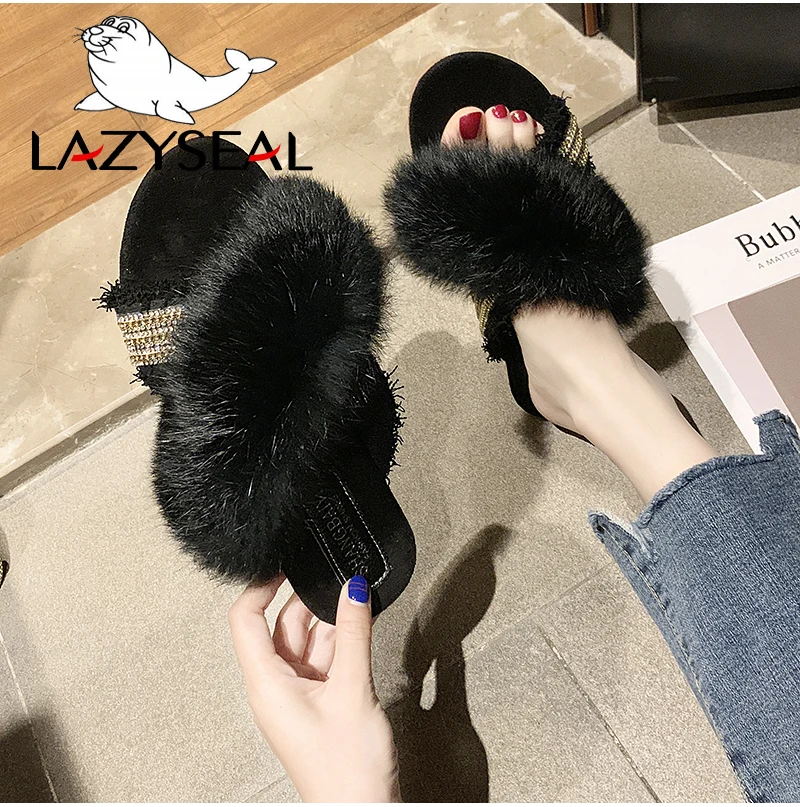 LazySeal натуральный тапочки их меха под кролика женская обувь, хлопковая ткань; женские сланцы на плоской подошве; обувь на высоком каблуке обувь в стиле шик Для женщин пушистые закрытые шлепанцы без задника с открытыми пальцами