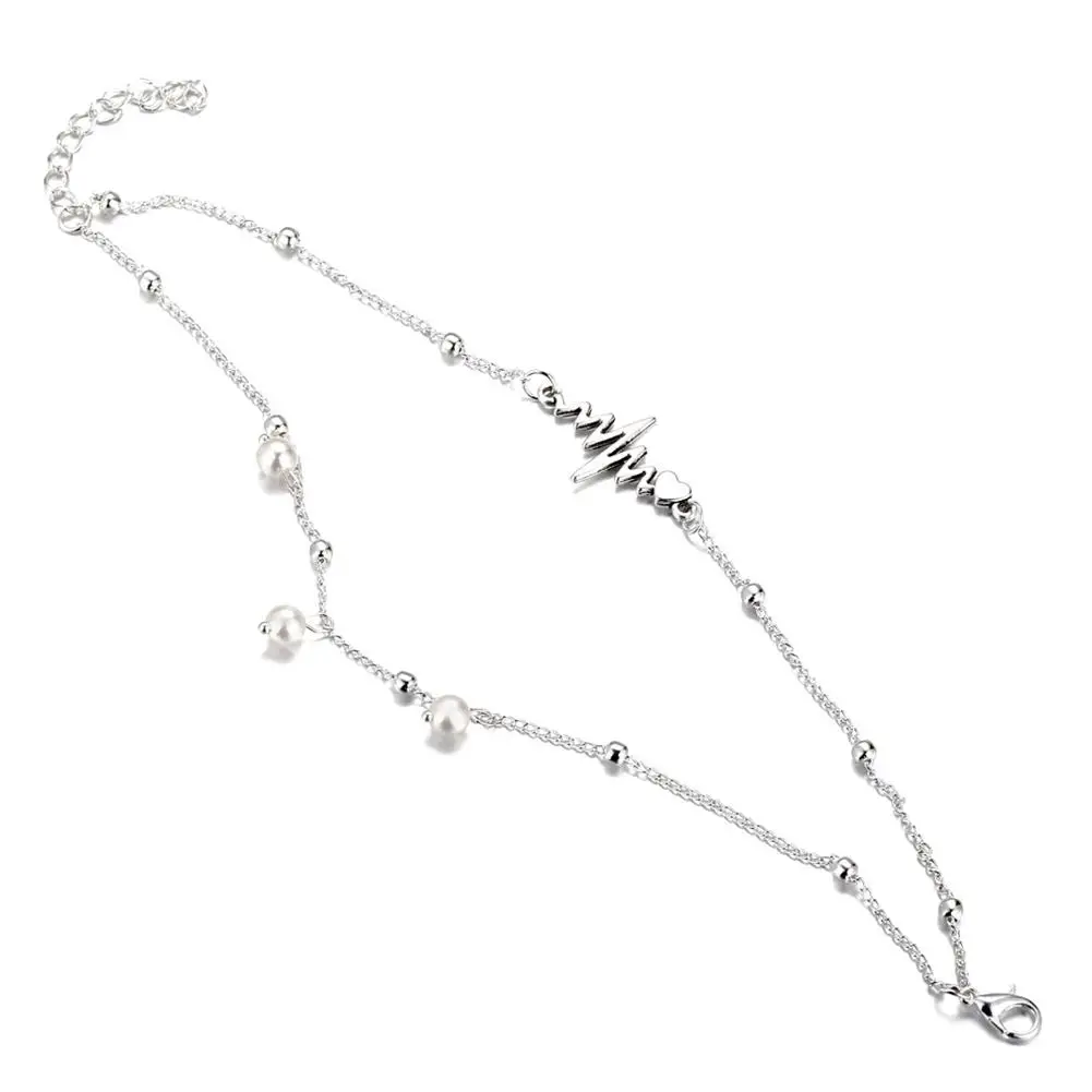 Retro Simle Electrocardiogram Shaped Artificial Pearls Anklet for Women