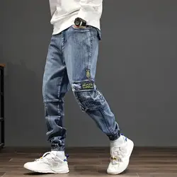 2075 Мужские штаны-карго из денима, японские уличные хип-хоп джинсы для мужчин с боковыми карманами, свободные Модные мужские байкерские