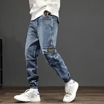

#2075 Mens Denim Cargo Jeans Japanese Streetwear Hip Hop Jeans For Men Side Pockets Loose Fashions Biker Jeans Mens Plus Size 42