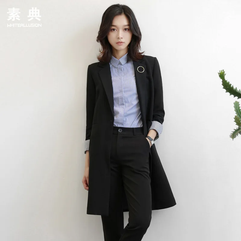 

2019 Spring And Autumn New Style Korean-style Brooch Slim Fit Suit Women's Casual Mid-length Long Sleeve CHIC Small Suit Coat