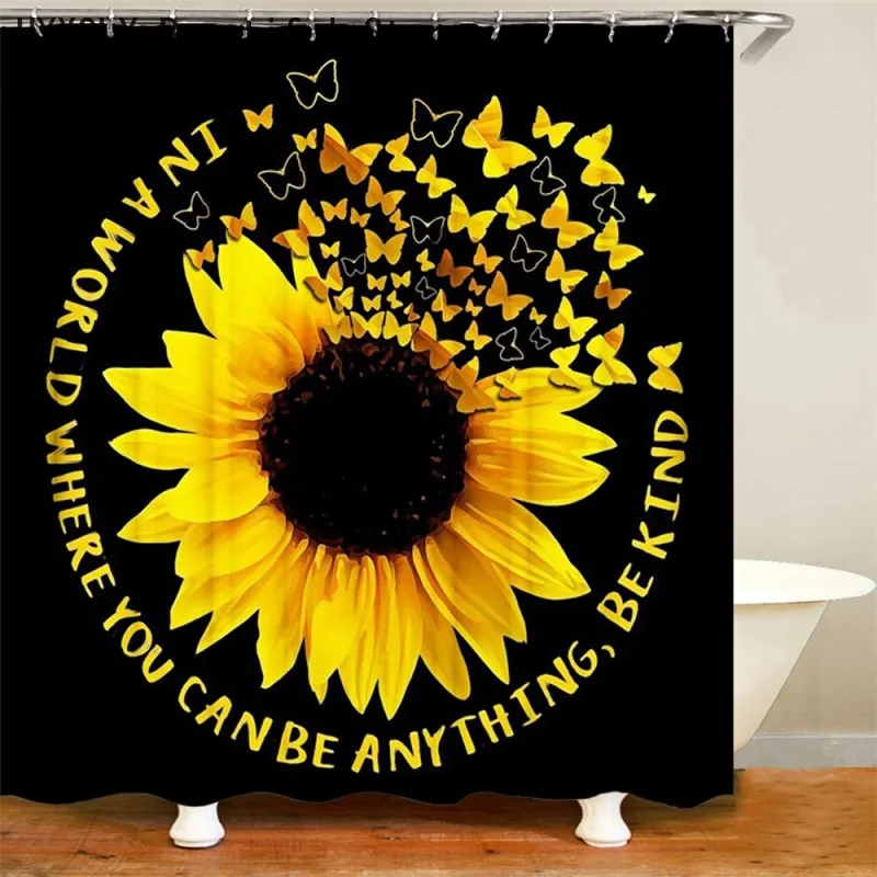 

Sunflowers Butterfly Shower Curtain Luxury Black Bathroom Decor Waterproof Polyester Bath Curtains Printed Shower Curtains