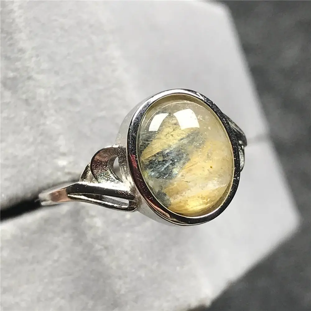 12x10mm Natural Gold Rutilated Ring For Woman Lady Man Crystal Beads Silver Quartz Gemstone Adjustable Size Jewelry AAAAA | Украшения и