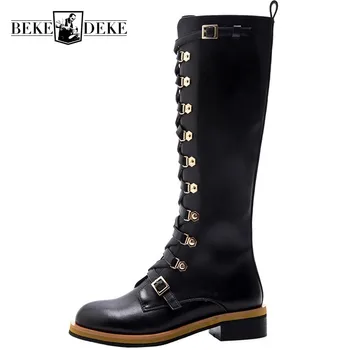 

British Solid Round Toe Belt Buckle Corss Tied Womens High Boots Fashion Winter Genuine Leather Side Zip Female Knight Boots